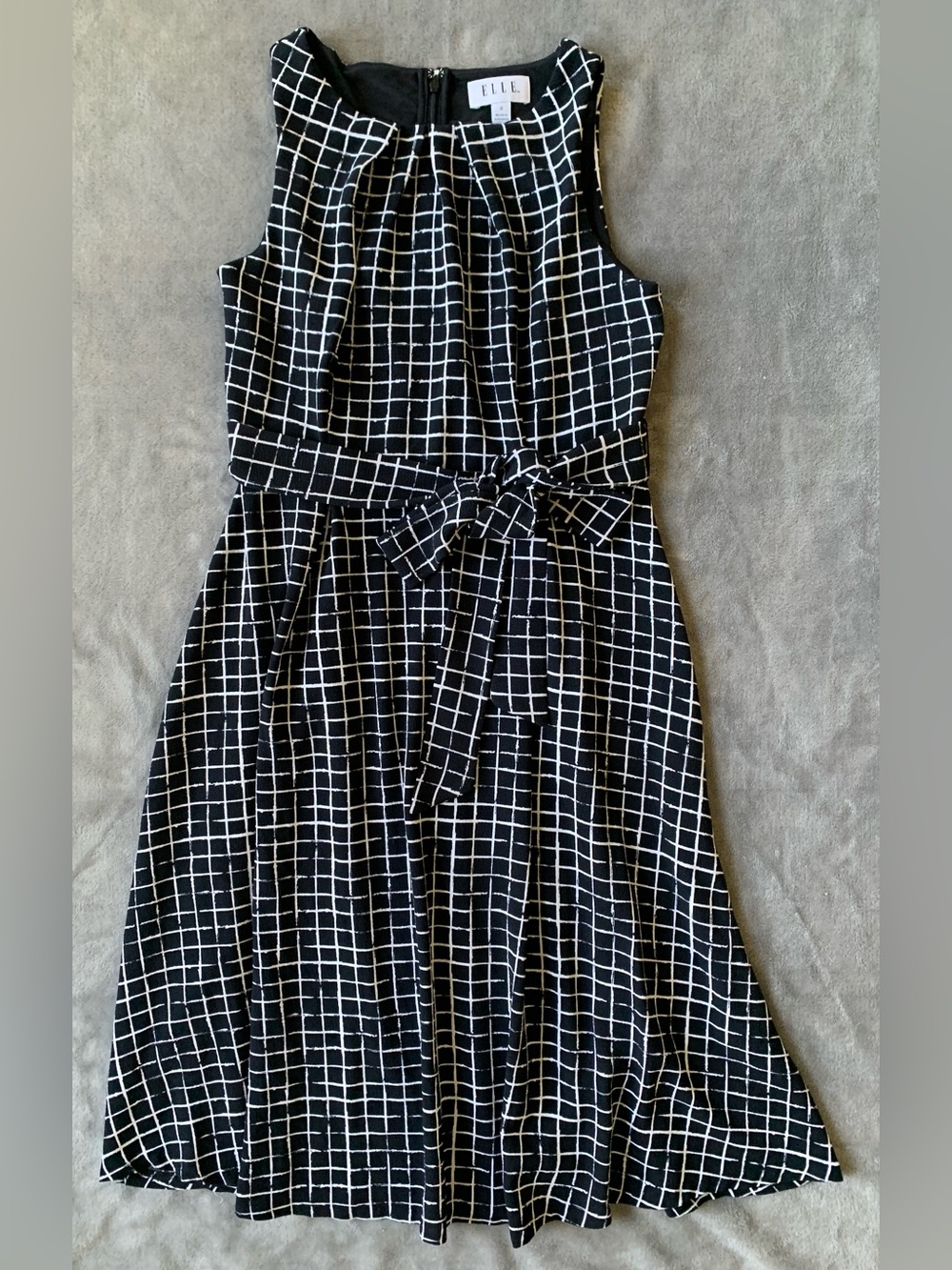 Elle Black and White Windowpane Belted Midi Dress